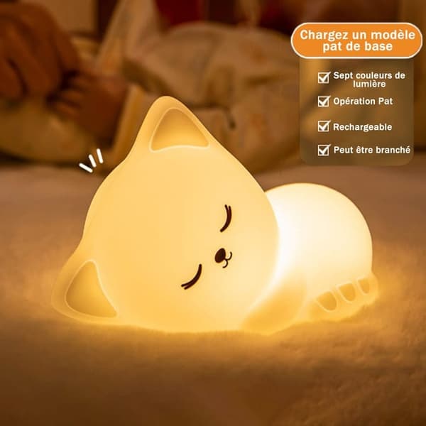 LED Sovende Kat Silikone Pære - 7 Farver Dæmpbar - USB-opladning - Til Børneseng