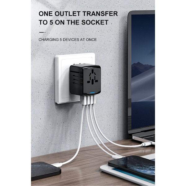 Universell reseadapter – Allt-i-ett-adapter med 3×USB-A & 1×USB-C, kompatibel med EU/UK/US/AUS uttag grön