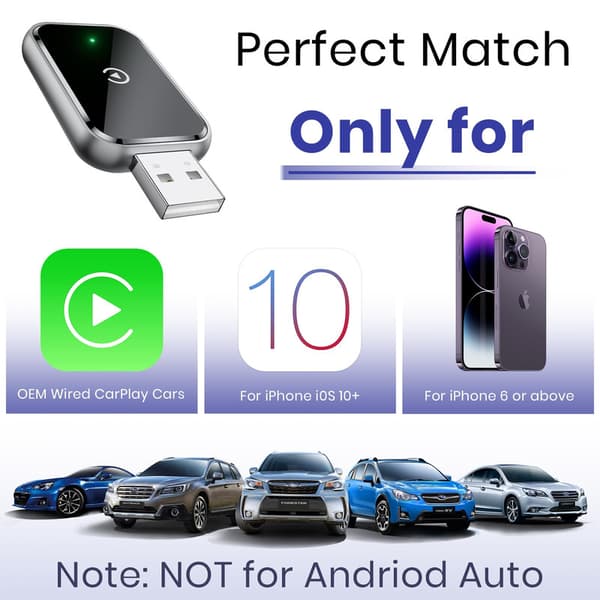2-i-1 Trådløs CarPlay-adapter til iPhone/Android, Mini-størrelse Kablet til Trådløs CarPlay med Adapter sort