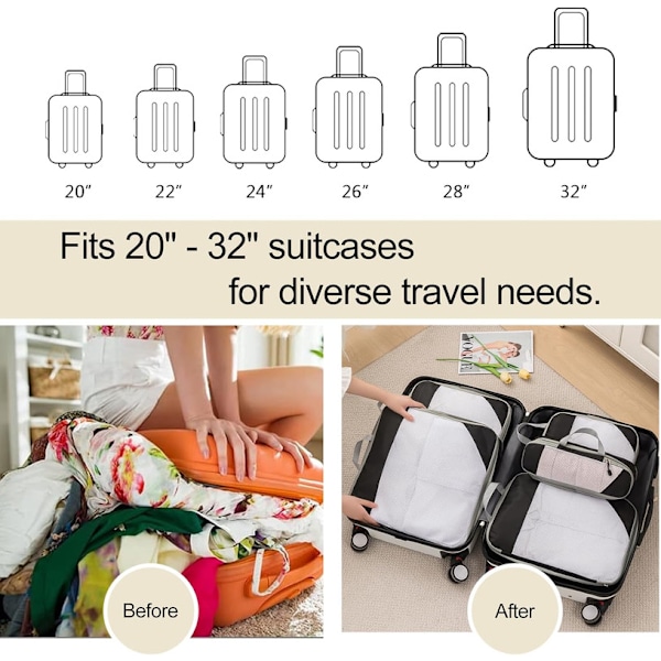 7-delars reseorganisatör set – kompressionspåsar & packkuber för ryggsäck och resväska svart
