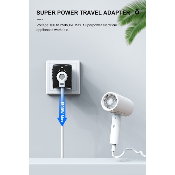 Universal Rejseadapter – Alt-i-én Stik med 3×USB-A & 1×USB-C, Fungerer i EU/UK/US/AUS sort