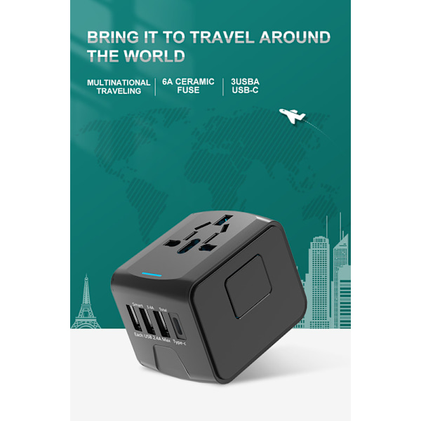 Universal Rejseadapter – Alt-i-én Stik med 3×USB-A & 1×USB-C, Fungerer i EU/UK/US/AUS sort