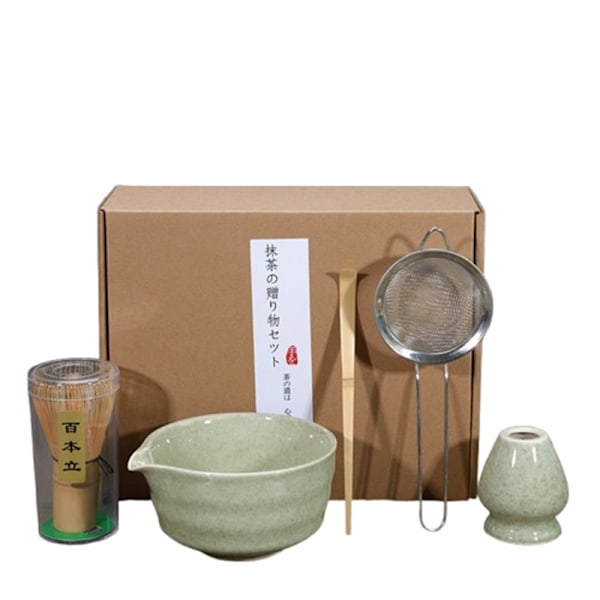Keraaminen teesetti, sisältää matcha-kulhon, Matcha vispilätelineen ja matcha-vispilän, 5-osainen setti vihreä