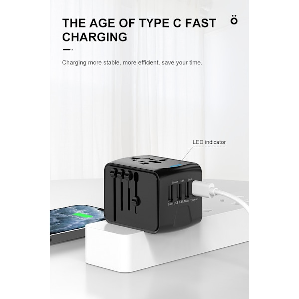 Universal Rejseadapter – Alt-i-én Stik med 3×USB-A & 1×USB-C, Fungerer i EU/UK/US/AUS grøn