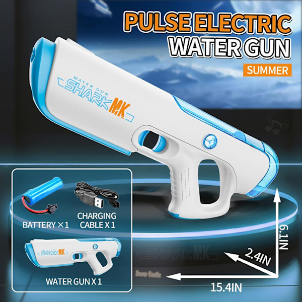 Elektrisk Vattenpistol–Automatisk Påfyllning,10 m Räckvidd, Batteridriven Vattenblaster för Sommar, Strand & Pool blå