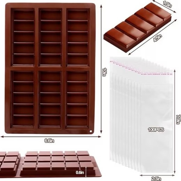 Denne chokoladeform inkluderer chokoladeplader, dybe chokoladeplader i silikoneform, samt en skraber og pose Långsmal modell 1 set