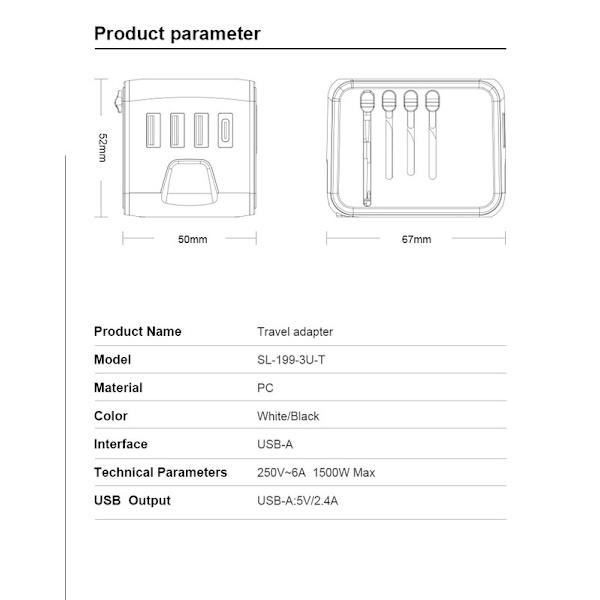 Universal Rejseadapter – Alt-i-én Stik med 3×USB-A & 1×USB-C, Fungerer i EU/UK/US/AUS sort