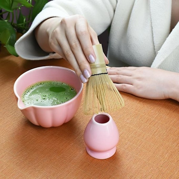 Keramisk Matcha-te, inklusive matcha-skål og matcha-piskeris, 5-delt sæt pink