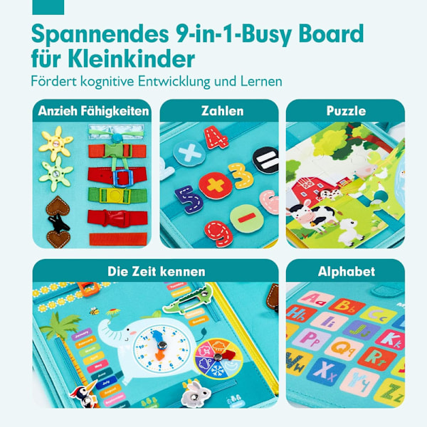 Montessoribräda, barn 1-4 år, 9-i-1 aktivitetsleksak för resor och lärande