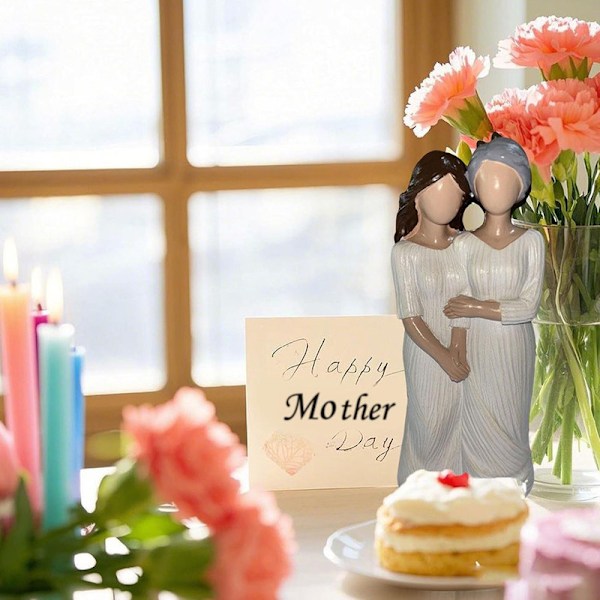 Dekorationsfigur, Mors Dag Present, Mor-Dotter Skulptur, Harpiks Dekoration vit