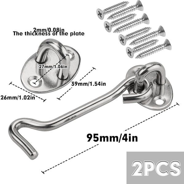 2 kpl 4 tuuman ruostumattomasta teräksestä valmistettuja mökkikoukkuja silmukalla, oven salvat 8 ruuvilla autotallin oveen, ikkunaan, navetan oveen ja lukitussovelluksiin 4 inch