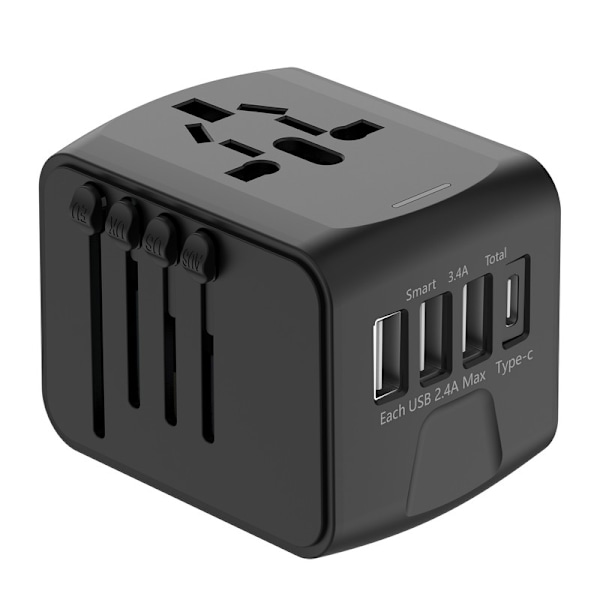 Universal Rejseadapter – Alt-i-én Stik med 3×USB-A & 1×USB-C, Fungerer i EU/UK/US/AUS sort