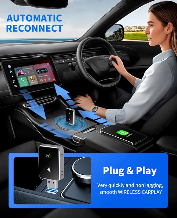 2025 Opgraderet 2-i-1 Trådløs CarPlay-adapter, omdan kablet til trådløs med USB & USB-C/Type-C, til iPhone & Android. sort