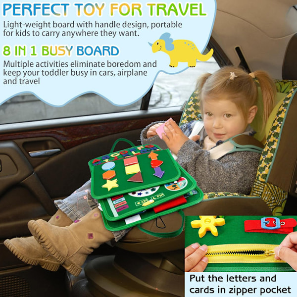 Montessori Busy Board 8-i-1, Dinosaur, Læringslegetøj til 3+ År, Bærbar Rejselegetøj