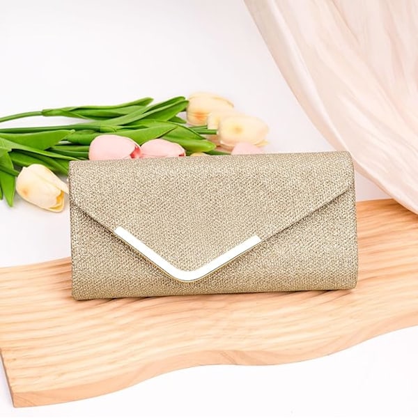 Glitter Kuvert Taske, Glimtende Pailletter, Aftagelig Kæde, 22x11 cm, festtaske, bryllupsclutch, bal taske guld