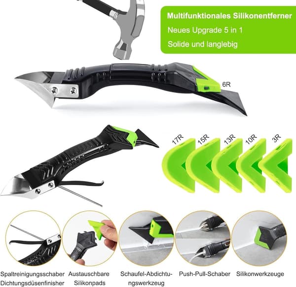 5-in-1 Silicone Cleaning Tool Set – Caulking Scraper / Silicone Scraper / Sealing Tool - 6 Replaceable Tips
