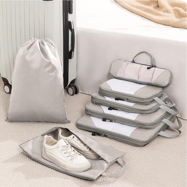 7-delars reseorganisatör set – kompressionspåsar & packkuber för ryggsäck och resväska beige