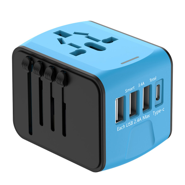 Universal Rejseadapter – Alt-i-én Stik med 3×USB-A & 1×USB-C, Fungerer i EU/UK/US/AUS blå