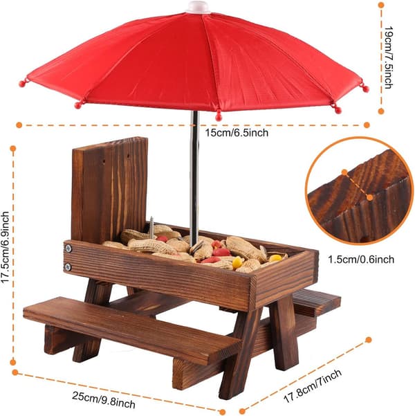 Egern foderautomat – træ foderautomat til egern udendørs med parasol, picnicbord, bordsæt til egern, robust og pålidelig
