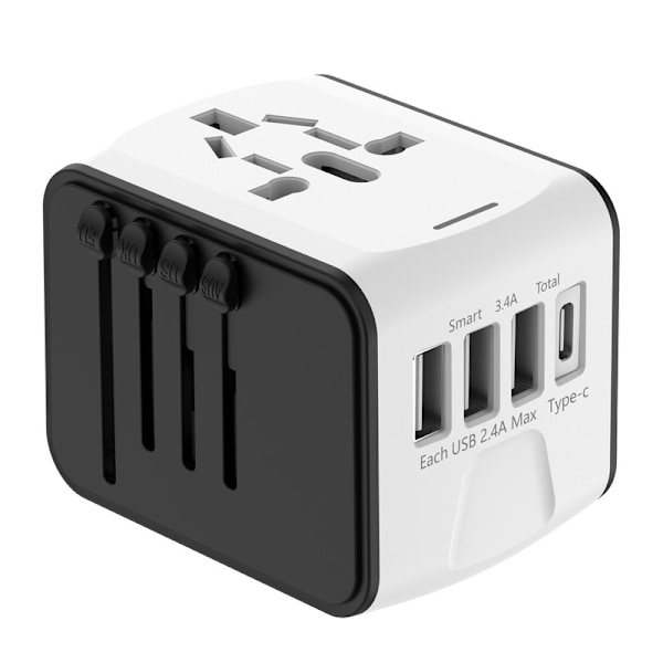 Universal Rejseadapter – Alt-i-én Stik med 3×USB-A & 1×USB-C, Fungerer i EU/UK/US/AUS hvid