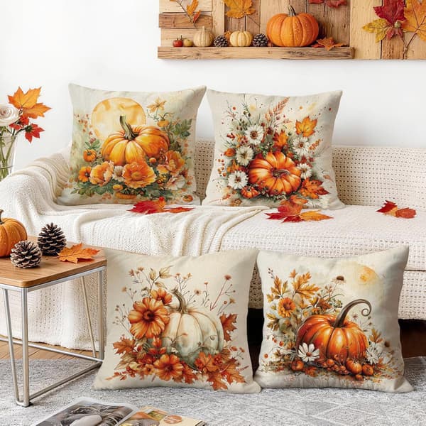 4-Pack Kuddfodral 45 × 45 cm med Pumpamönster, Höstdekoration och Thanksgiving Prydnadskuddar för Soffa, Vardagsrum och Hem E