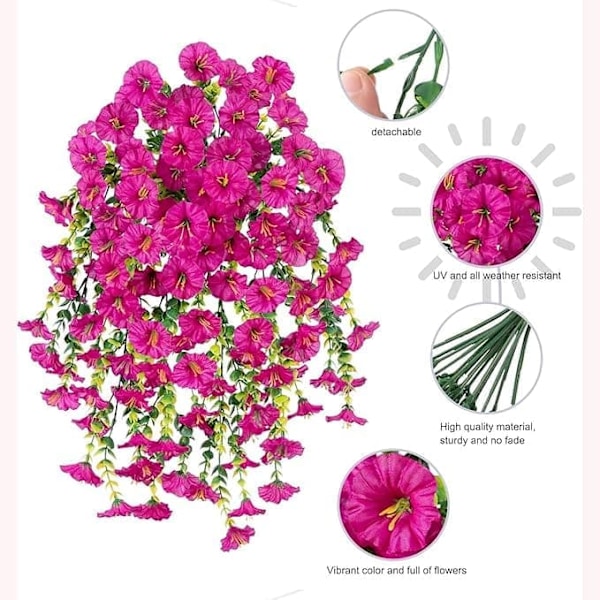 2-pak UV-bestandige Hængende Kunstige Blomster – Morning Glory-vinranker 75 cm, Naturtro Til Have & Boligindretning rød