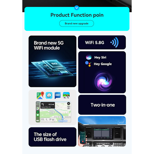 2-in-1 langaton CarPlay-sovitin, langaton CarPlay & Android Auto -sovitin – Kompakti, Plug-and-play musta