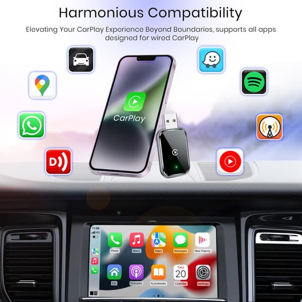 2-i-1 Trådløs CarPlay-adapter til iPhone/Android, Mini-størrelse Kablet til Trådløs CarPlay med Adapter sort
