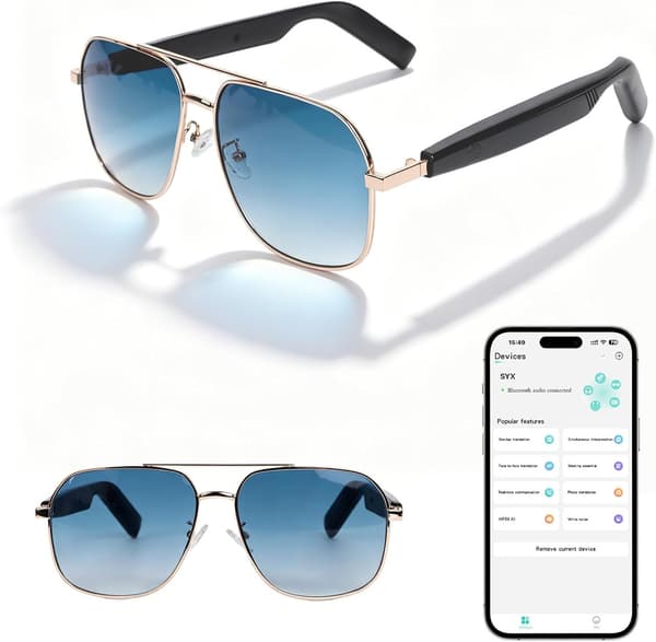 Smarte Bluetooth-solbriller med UV-beskyttelse og blålysfilter, åpne hodetelefoner, IP65 vanntette, gullfarget innfatning, blå linser