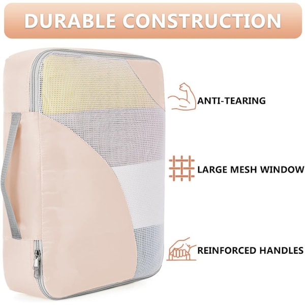 8 Sæt Pakkekuber til Rejser, Robust Kuffert Organizer i 4 Størrelser (Ekstra Stor, Stor, Medium, Lille), Bagagekuber med Toilet taske beige