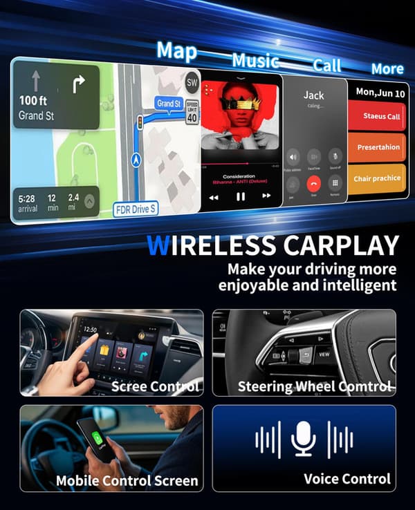 2025 Opgraderet 2-i-1 Trådløs CarPlay-adapter, omdan kablet til trådløs med USB & USB-C/Type-C, til iPhone & Android. sort