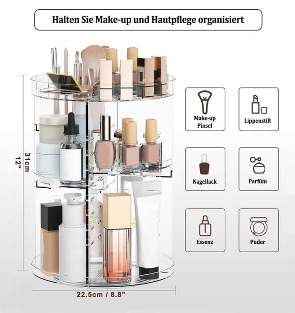 360 Rotating Makeup Storage Cosmetic Organizer with 8 Adjustable Compartments - Transparent
