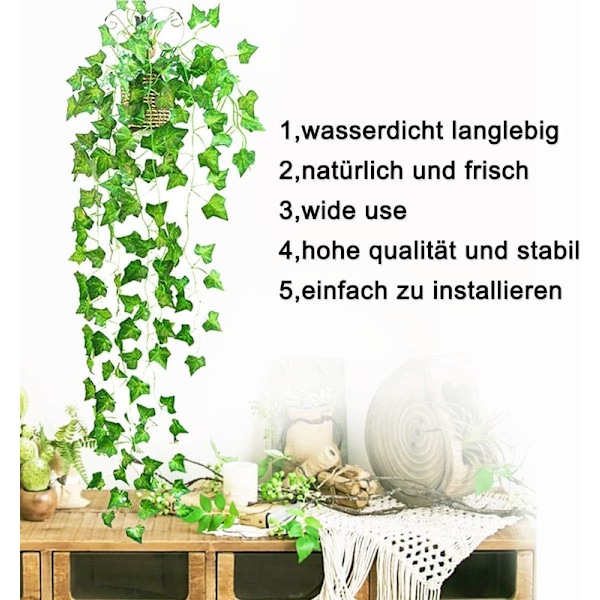 Konstgjord Murgröna Girlang 220 cm - Hängande Efeu med Blad för Trädgård, Bröllop, Fest och Väggdekoration