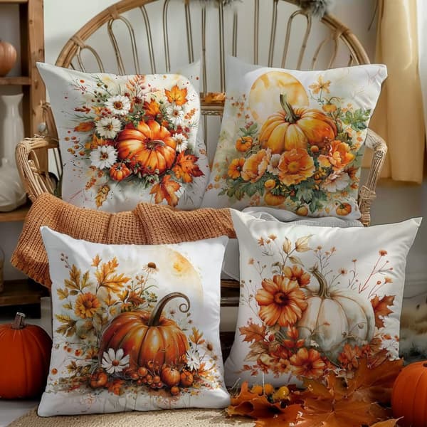 4-Pack Kuddfodral 45 × 45 cm med Pumpamönster, Höstdekoration och Thanksgiving Prydnadskuddar för Soffa, Vardagsrum och Hem E