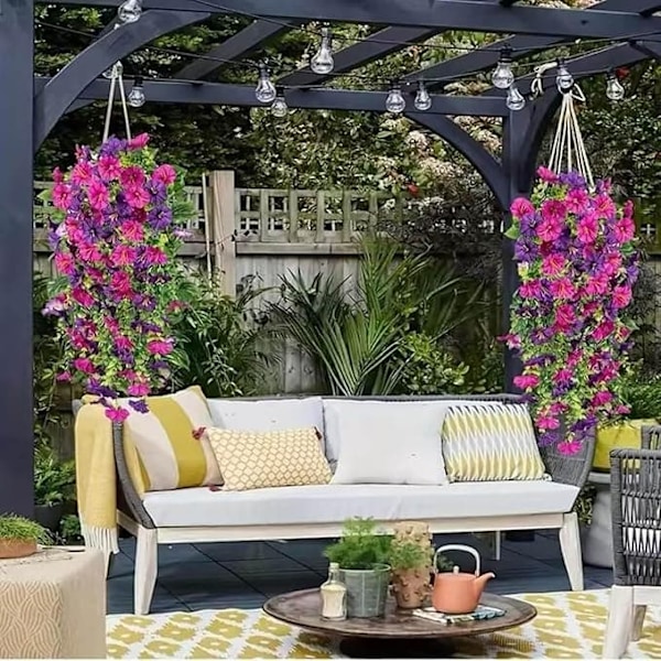 2-Pack UV-beständiga Hängande Konstgjorda Blommor – Morning Glory-vinrankor 75 cm, Naturtrogna För Trädgård & Heminredning lila