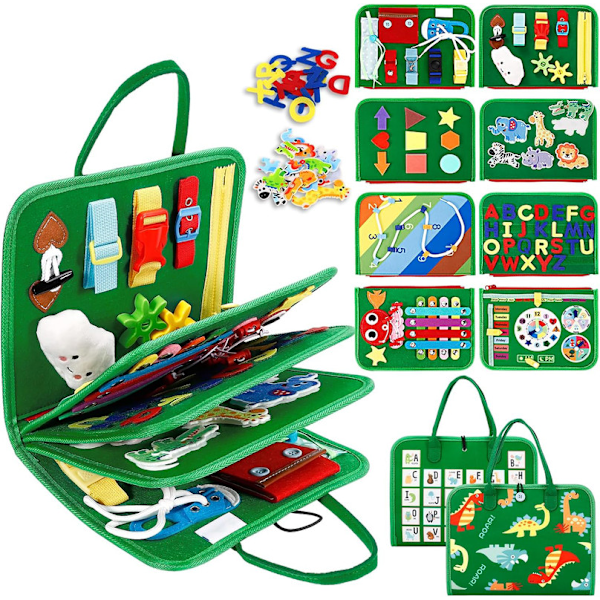 Montessori Busy Board 8-in-1, Dinosaurus, Oppiva Lelu 3+ Vuotiaille, Kannettava Matkalelu