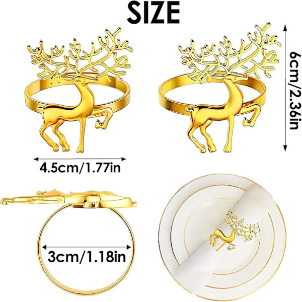 12 stycken julrenar servettringar, 6cm guld älg servetthållare hjort servetspänne
