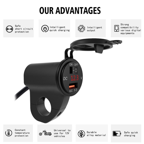 12v Billaddare Stativ Usb Snabbladdning Voltmeter Med Strömbrytare（Svart）