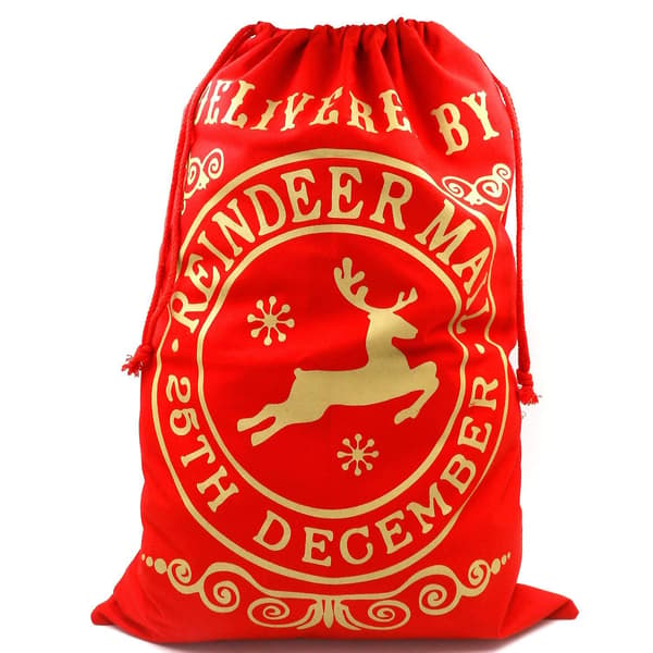 Grön stor julklappssäck med dragsko, tomte och renar
