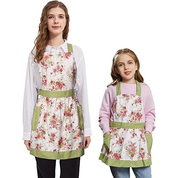 Kvinnors 2-fickor blommigt förkläde förälder-barn bomull maxi förkläde 2 delar