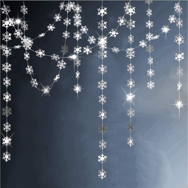 Silver Snowflake Garland - Winter Wonderland Party Decoration, Christmas Tree Hanging Decor, Streamer, Banner For Frozen Birthday, Holiday, New Year, W