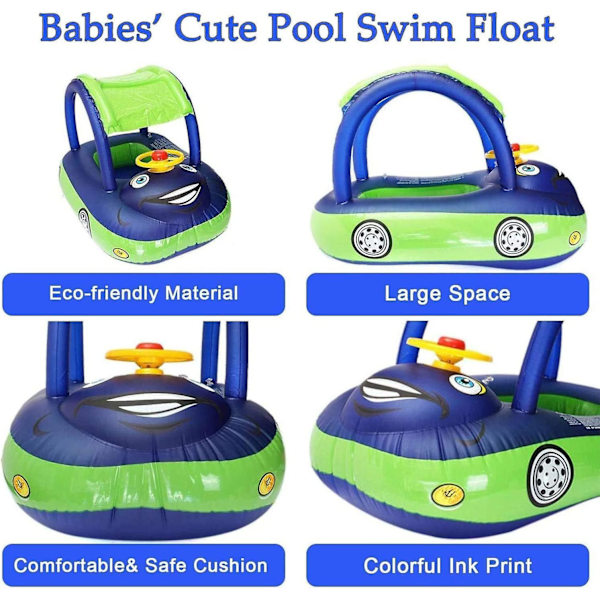 Baby uppblåsbar pool flyta med tak, bilformad baby simning flytande båt med solskydd säkerhetssäte