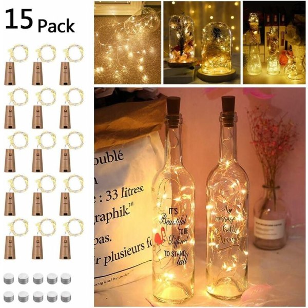 Förpackning om 15 20 LED-flasklampor, fairy lights, korkflaskor, bröllopsfest, romantisk dekoration (varmvit).