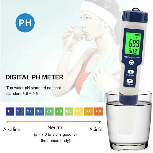 Elektronisk PH Meter Tester, 5 i 1 PH Tester, Ficktermometer, Vattenkvalitet, PH, EC, Salt, TDS för hem, pool, akvarievatten