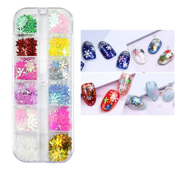 12 Färger Julnagelkonst Glitter Snöflingor Nagelsmycken 3D Nagelsmycken Dekaler Holografiska Laser Nagelflingor Dekaler Akrylnaglar Design Glitter X