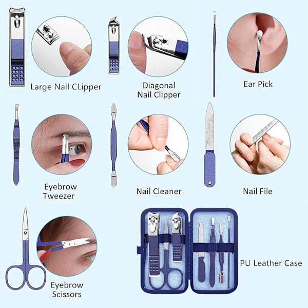 Manikyrset för Män Nagelklippare Set 8-i-1 Rostfritt Stål Nagelklippare Kit Personlig Vård Verktyg Med Bärbar Reseväska Pedikyr Verktyg Män Grooming Kit