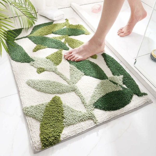 Badmatta, absorberande, halkfri, mjuk och hudvänlig badrumsmatta, grönt bladmönster, 45 x 65 cm