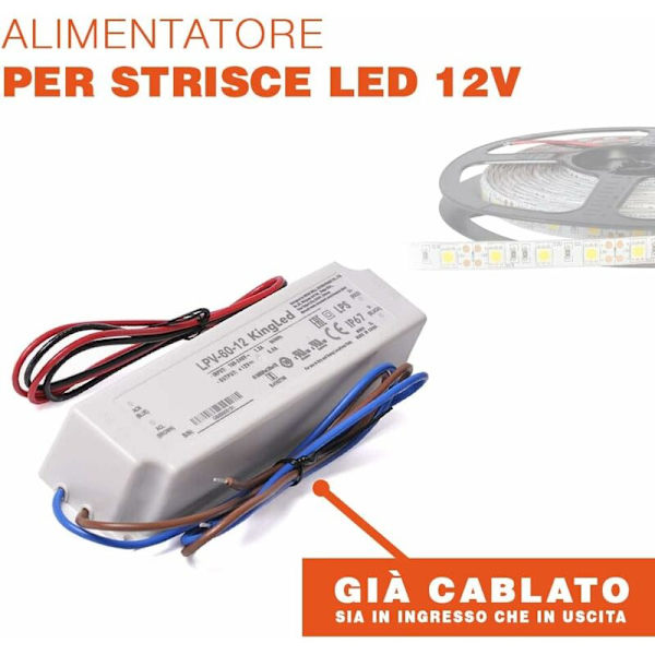 Strömförsörjning 12V 60W 5A Hög kvalitet Vattentät Ip67 lämplig för utomhus MeanWell modell LPV-60-12 Transformator för 12V LED-remsa
