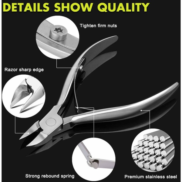 Tånagel och tånagelklippare i rostfritt stål med djupa, starka, tjocka infällda tånaglar, levereras med bärbar case (autoklaverbar)
