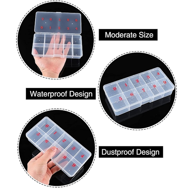 3 stk. Falske Negletips Transparent Opbevaringsboks Med 10 Nummererede Tomme Rum Opbevaringskasse Container Neglekunst Organizer Box Plastik Gitterboks Til Finger
